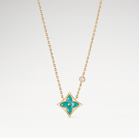 Color Blossom Star Necklace, 18k Yellow Gold Plated, Amazonite, And Zircon