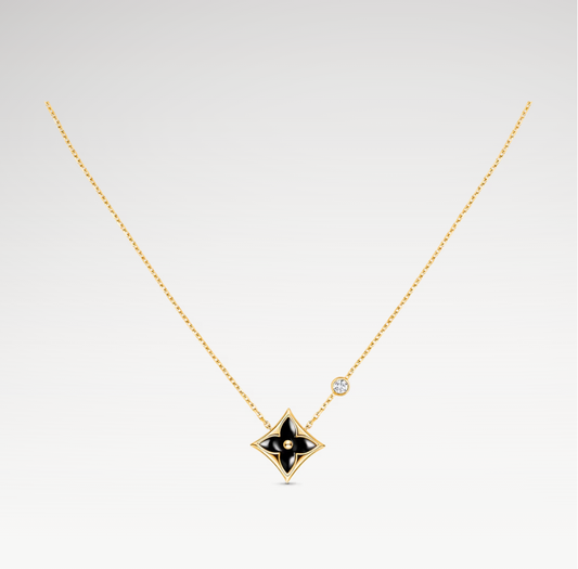 Color Blossom Star Pendant Necklace, 18k Gold Plated, Onyx And Zircon