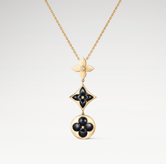 Color Blossom Lariat Necklace, 18k Gold Plated, Onyx And Zircon