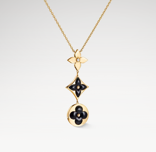 Color Blossom Lariat Necklace, 18k Gold Plated, Onyx And Zircon